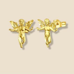 14k Yellow solid Gold Angel Stud Earrings (11 mm X 8 mm ) | Gift For Mother |